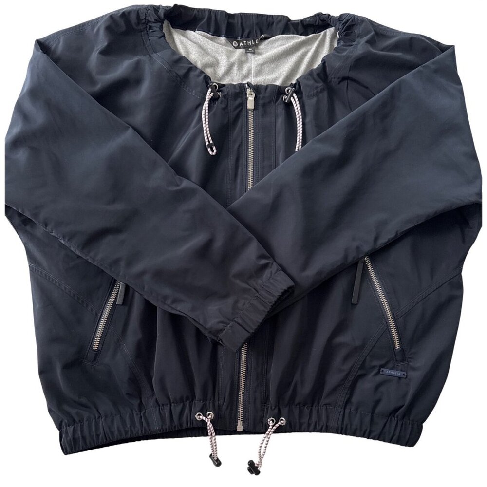 Athleta Chill Bomber Jacket 202074-04 Womens M Navy Captain Lined Zip Drawstring - Picture 15 of 16